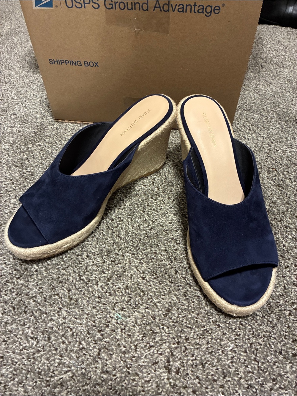 Stuart Weitzman Navy Suede Espadrille Wedge Slides right 9.5/left 10